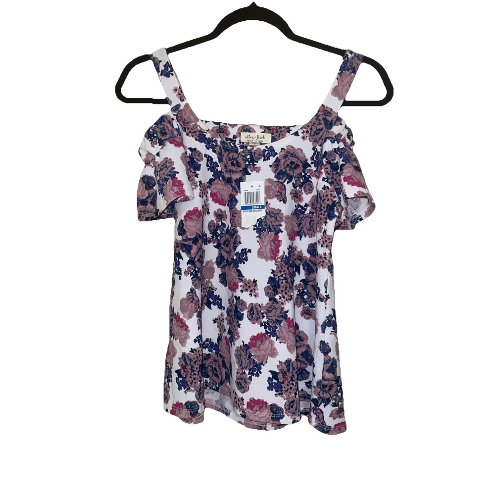 Ultra Flirt Womens Floral Cold Shoulder Ruffle Top Purple Pink Small 3D464 - Picture 2 of 13